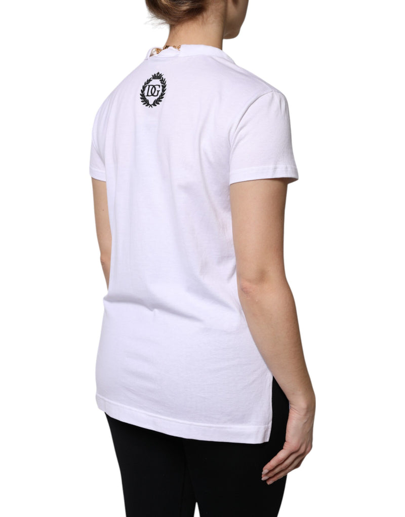 White cotton short sleeve t-shirt with a necklace neckline and black logo on the back