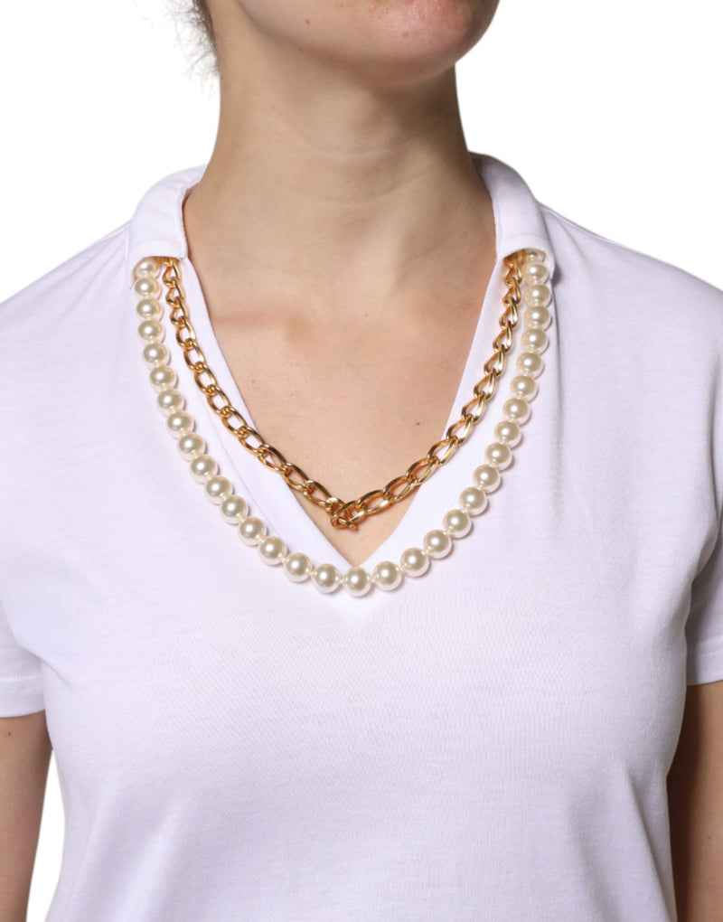White cotton short sleeve t-shirt with attached layered gold chain and pearl necklace