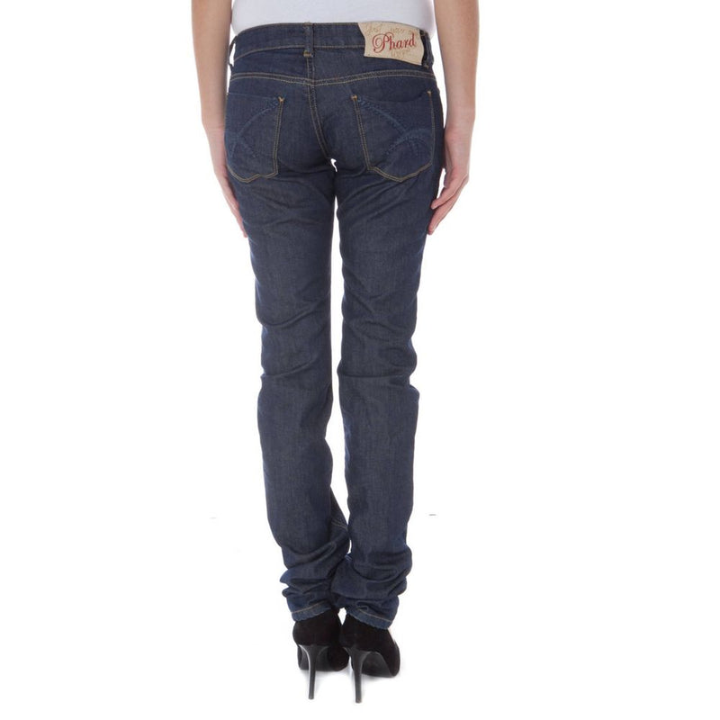 Dark blue cotton women jeans worn from the back with visible back pockets