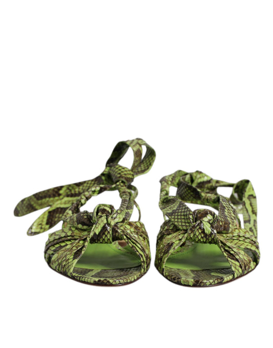 Dolce & Gabbana neon green and black snakeskin print ankle-wrap sandals with a front knot detail.