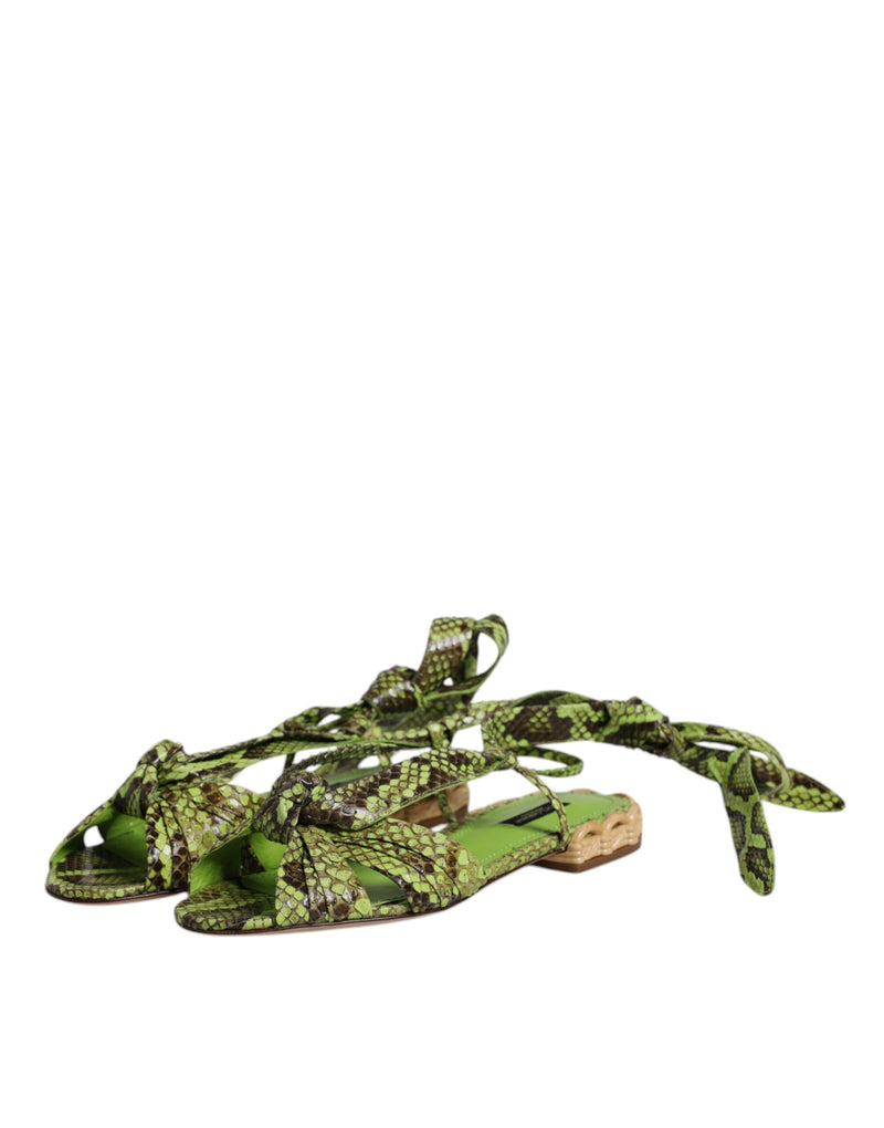 Dolce & Gabbana green snakeskin-print ankle-wrap flat sandals with knot detail and woven low heel.