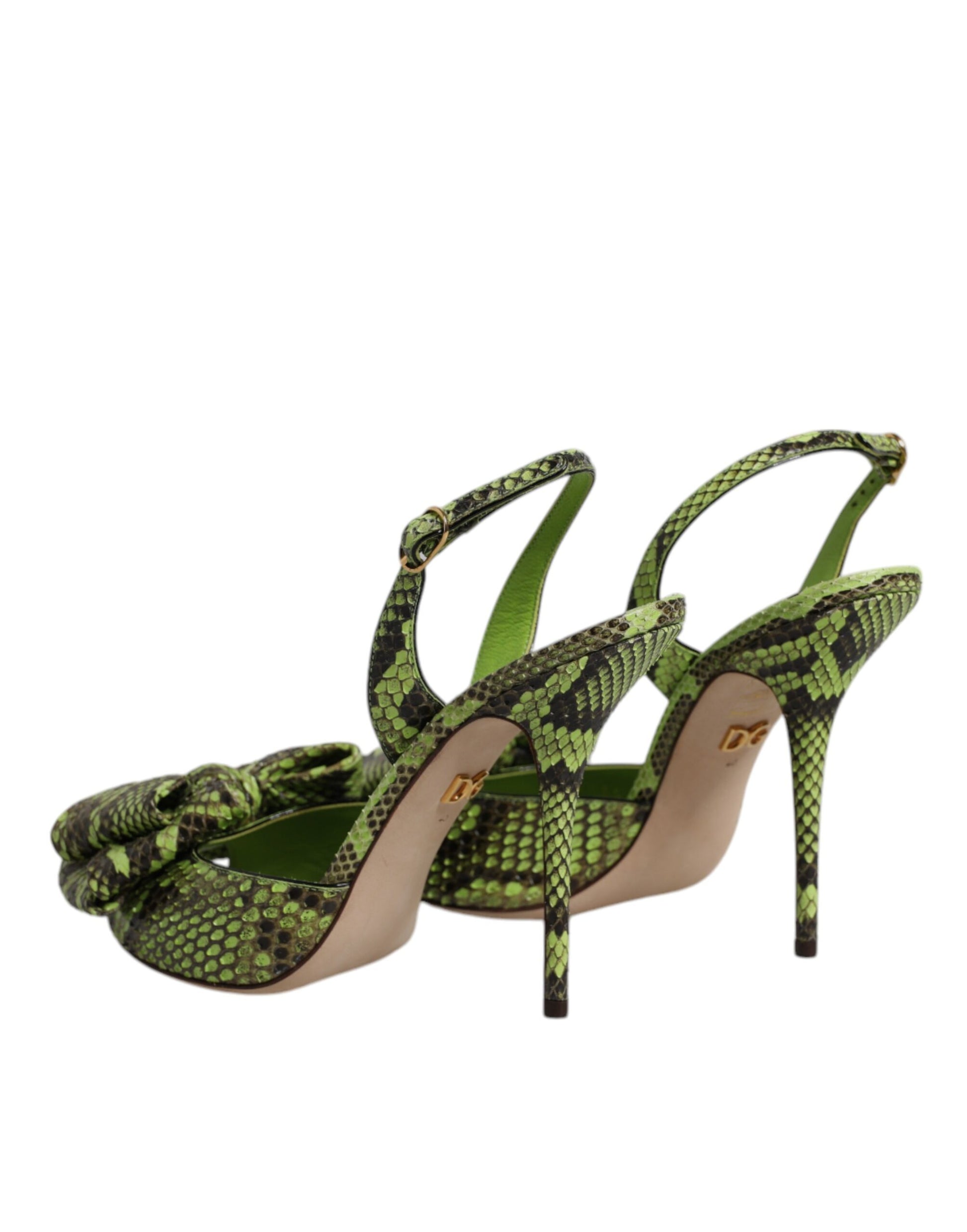 Dolce & Gabbana neon green python-print leather slingback heels with a knotted bow detail and gold DG logo.