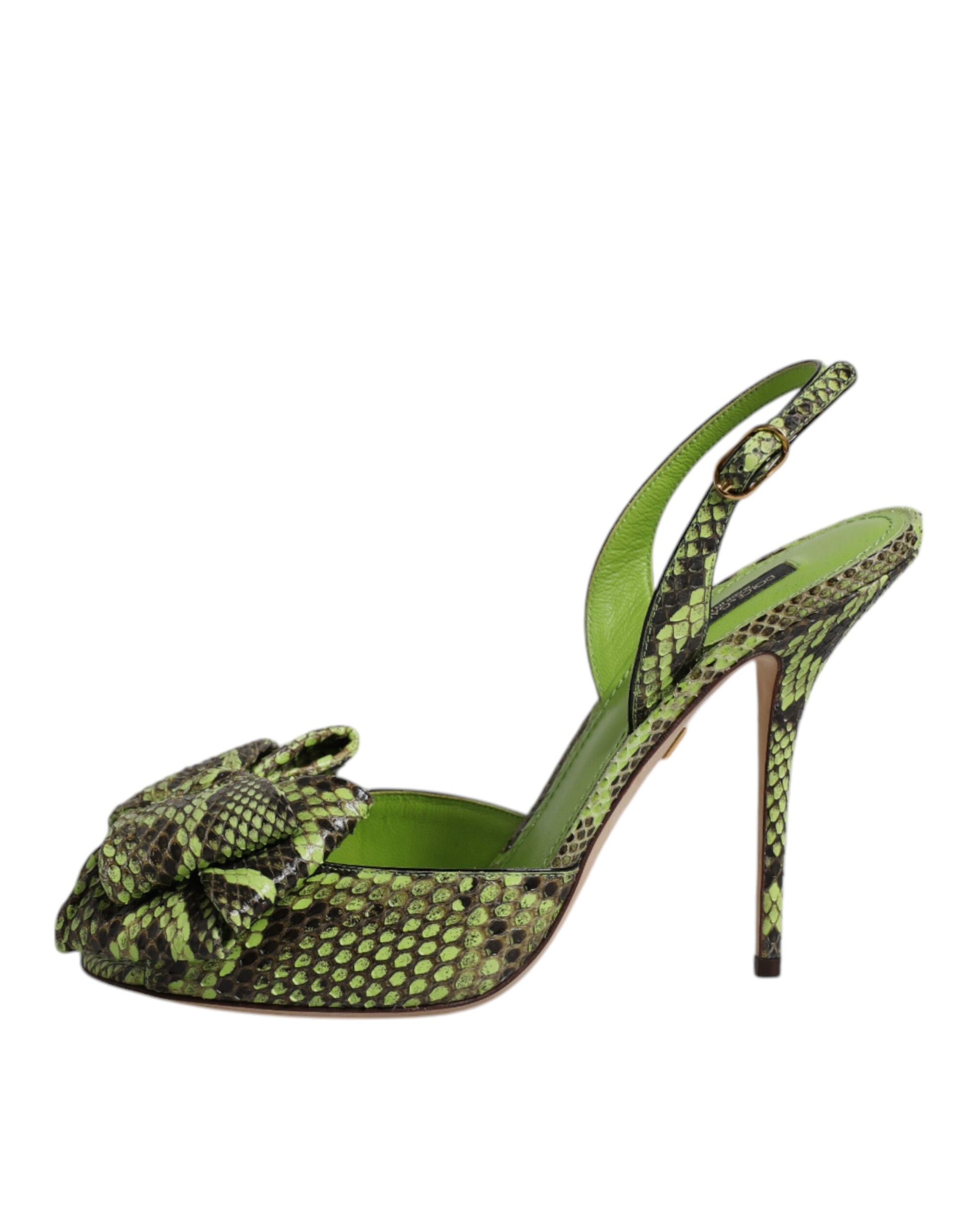 Dolce & Gabbana bright green python skin slingback stiletto heels with a prominent bow detail on the toe.