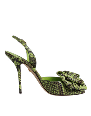 Green python-embossed leather slingback stiletto heel with a prominent bow detail on the open-toe front.