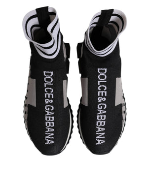 Dolce & Gabbana black and gray knit sock sneakers with white logo branding and striped cuffs.