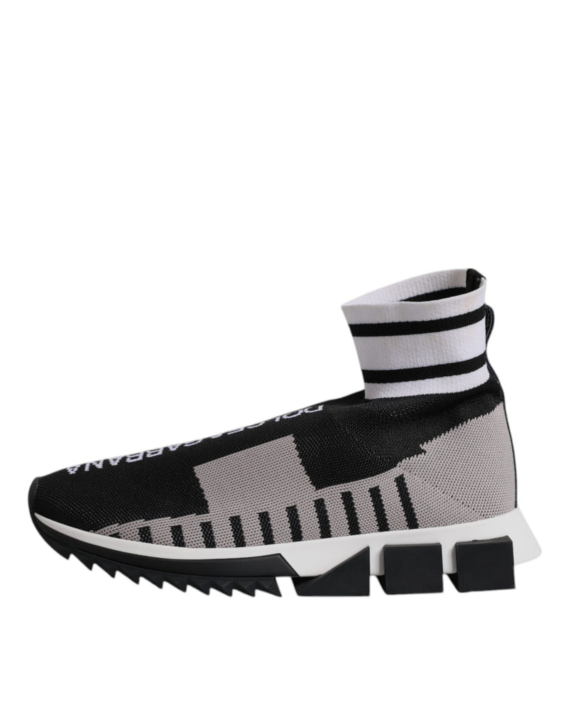 Dolce & Gabbana Sorrento slip-on sock sneakers in black and gray knit with white striped collar and chunky white sole.