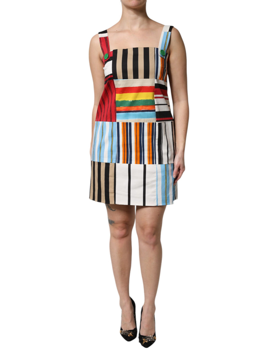 Multicolored cotton sleeveless patch-stripe mini dress with square neckline and green buttons