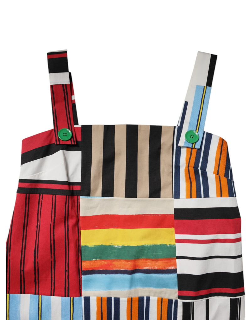 Multicolor cotton patchwork stripe sleeveless dress with green buttons