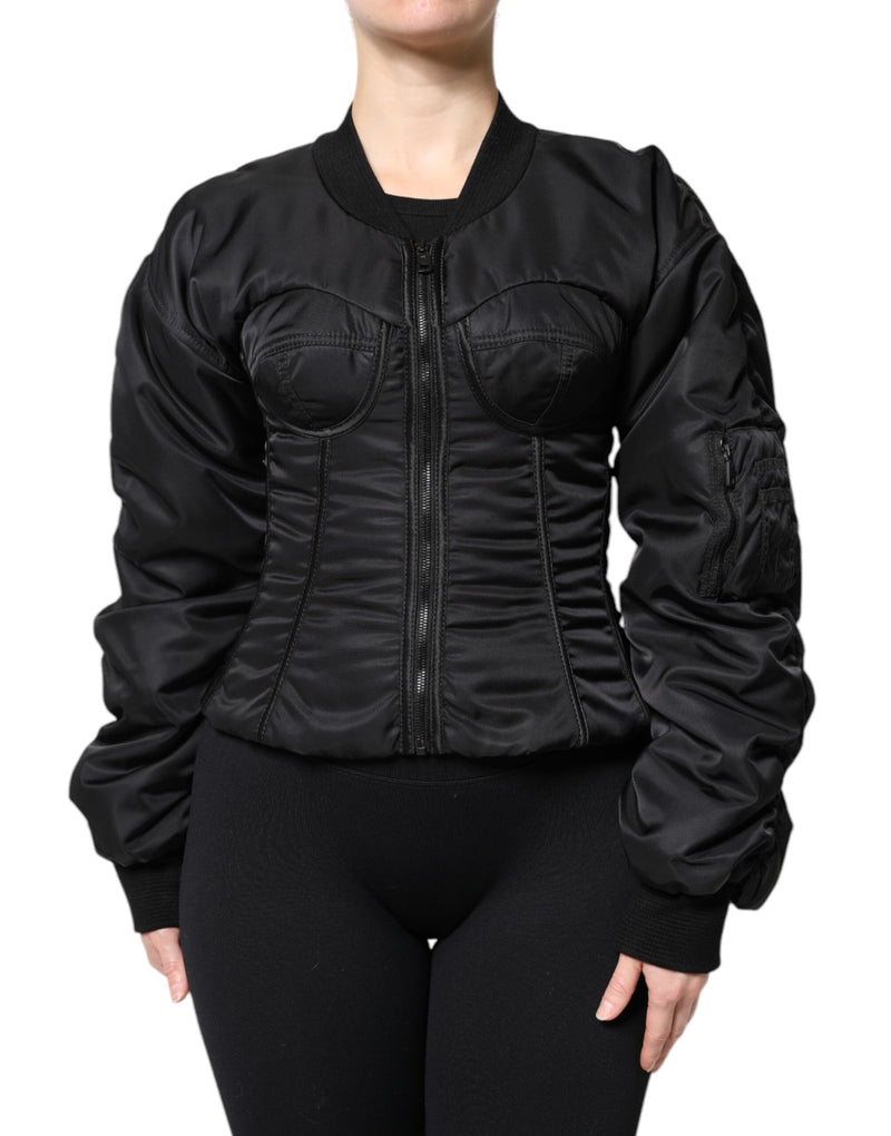 Black nylon full-zip bustier corset bomber jacket with ribbed collar and cuffs