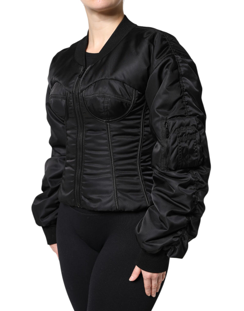 Black nylon full zip bustier corset jacket