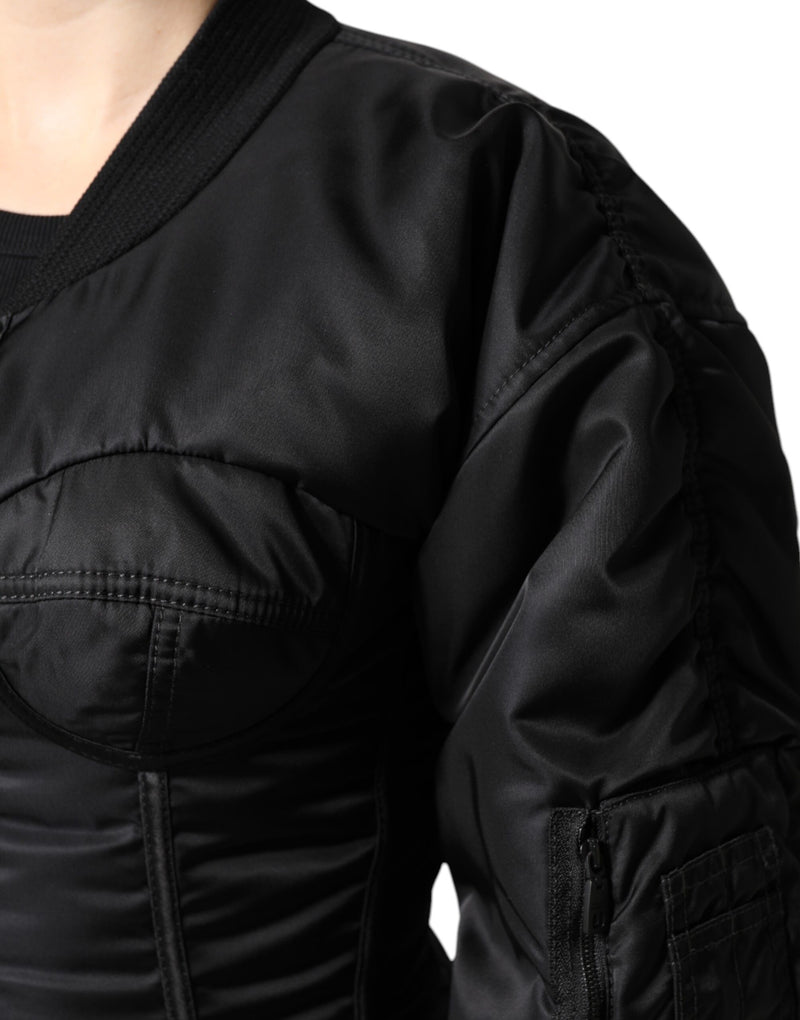 Black nylon Dolce & Gabbana bustier corset jacket with ruched sleeves