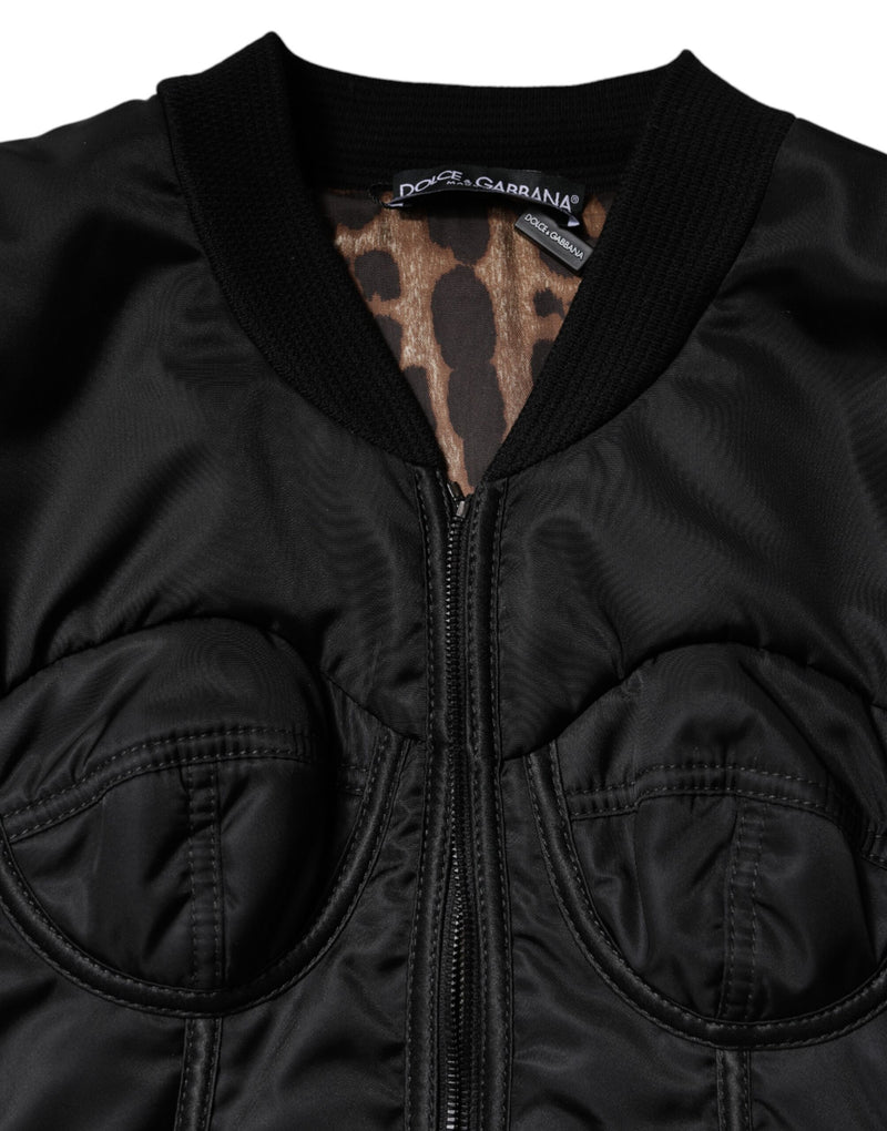 Black nylon full-zip bustier corset jacket with ribbed collar and leopard print lining