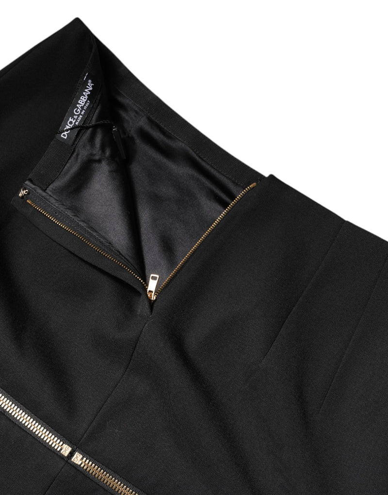 Black wool high-waisted mini skirt with front zipper and satin lining