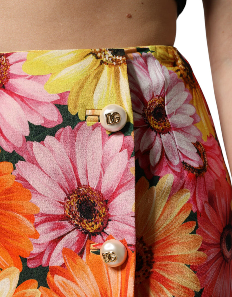 Multicolor floral silk mini skirt with high waist and pearl DG buttons