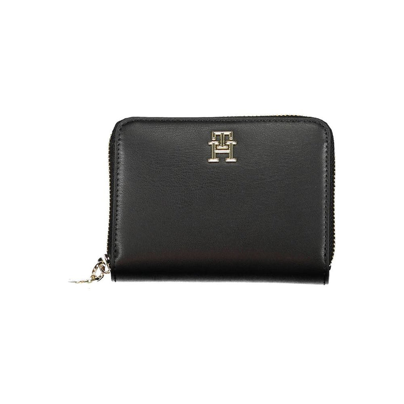 Black synthetic leather zip-around wallet with gold logo hardware
