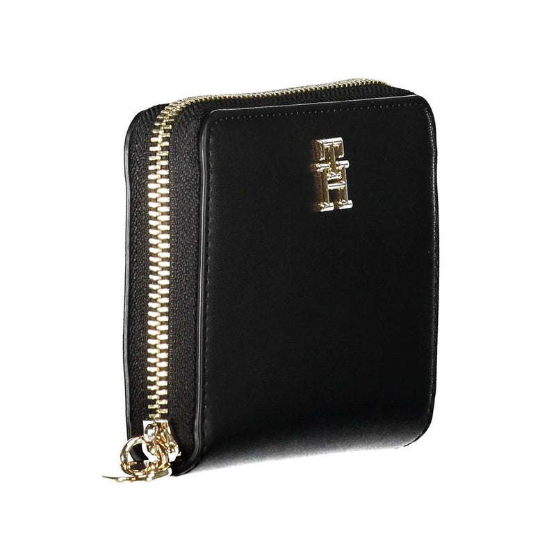 Black faux leather square zip-around women's wallet with gold hardware and logo