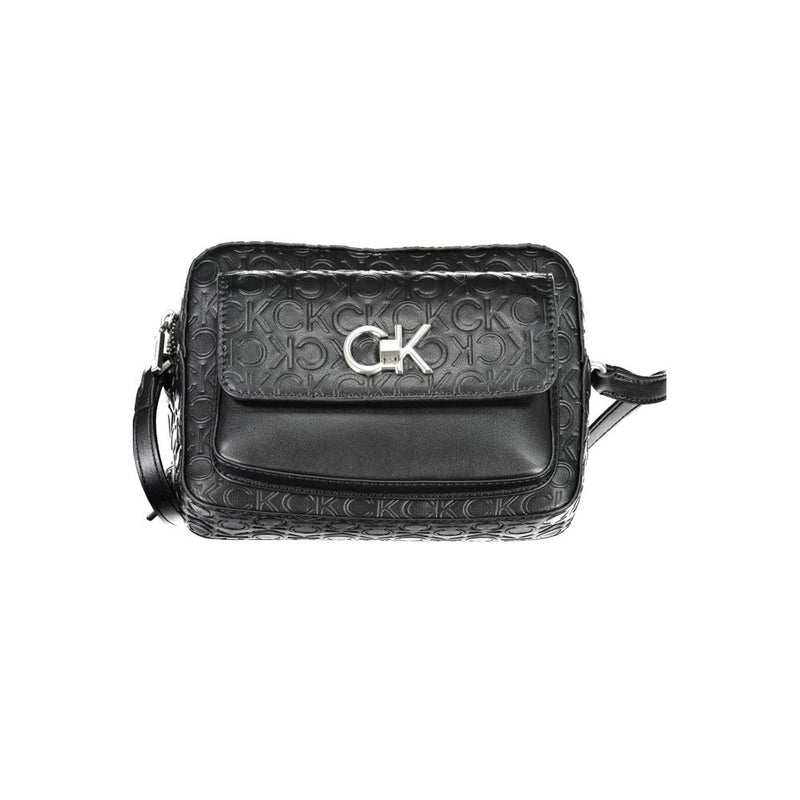 Black polyester Calvin Klein shoulder bag with embossed monogram pattern and front pocket