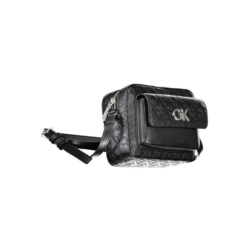 Black Calvin Klein polyester shoulder bag with debossed monogram print and front flap pocket
