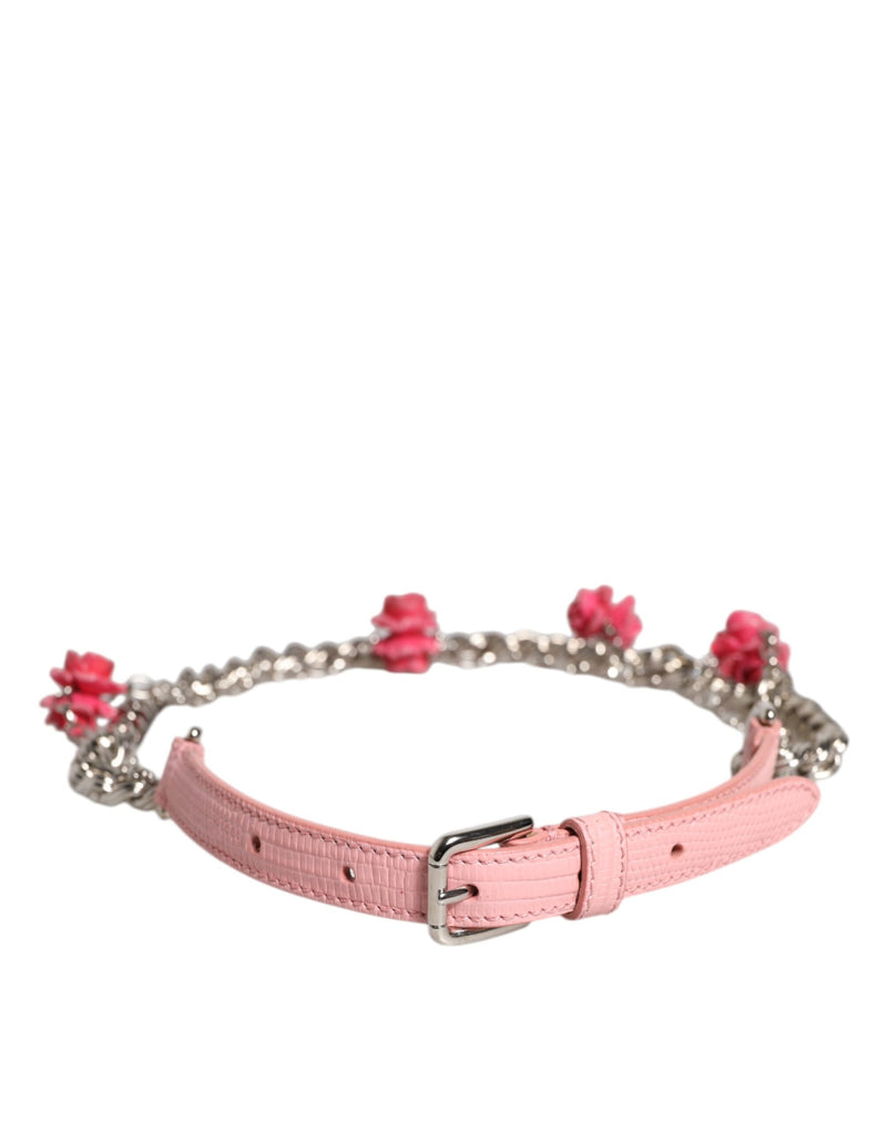 Pink textured leather belt with silver buckle and chain embellished with pink roses