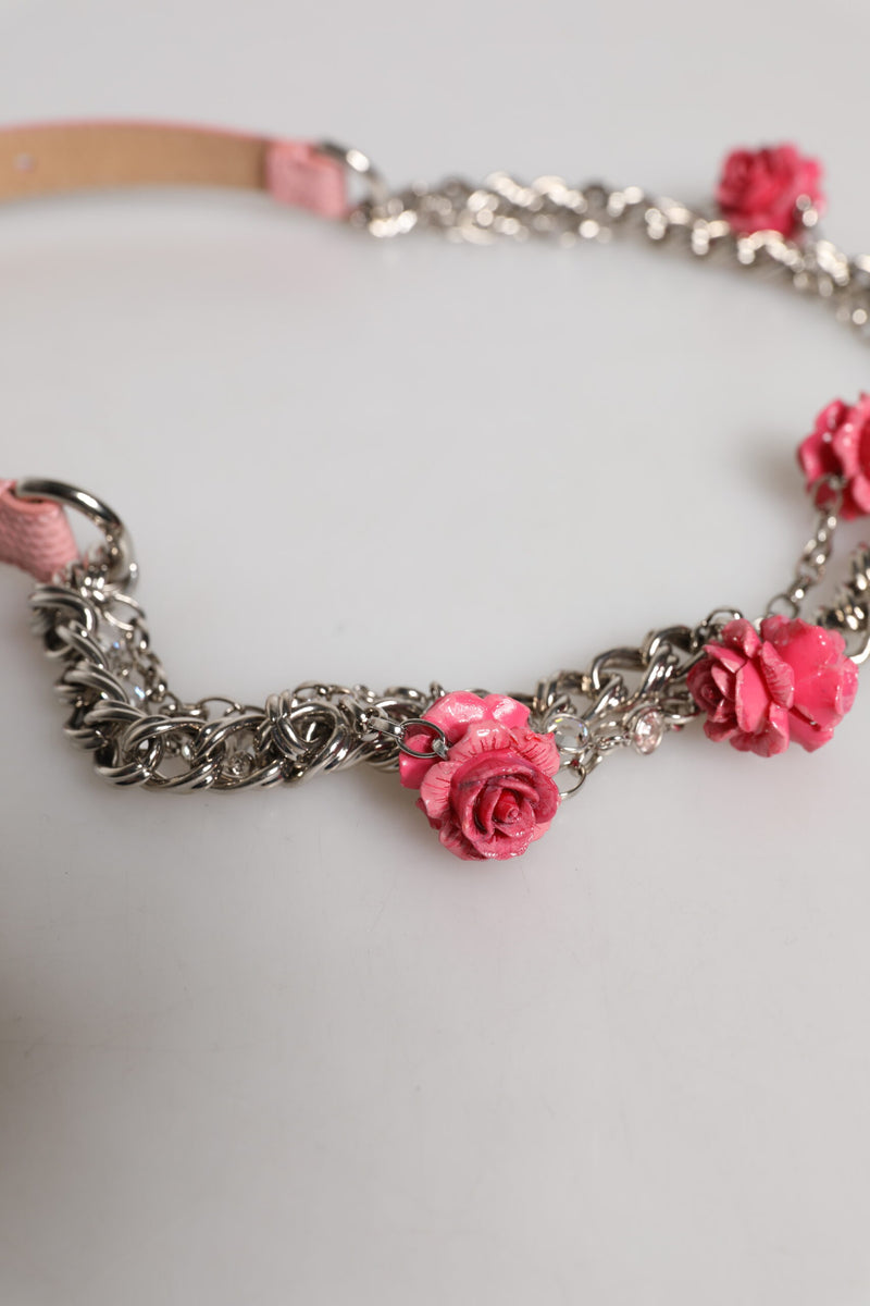 Pink leather belt with silver chain links and pink rose flower charms