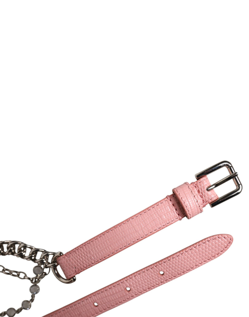 Pink textured leather belt with silver buckle and chain charm
