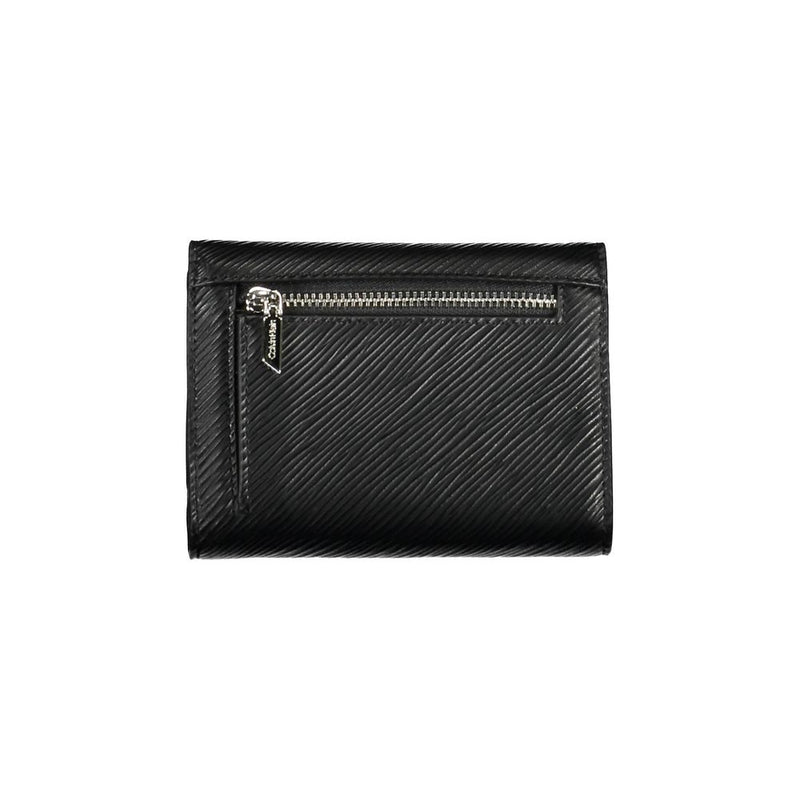 Black textured polyurethane women's wallet with a zippered coin pocket on the back