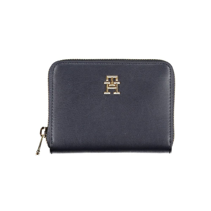 Dark blue polyurethane zip-around women's wallet with a gold metal logo