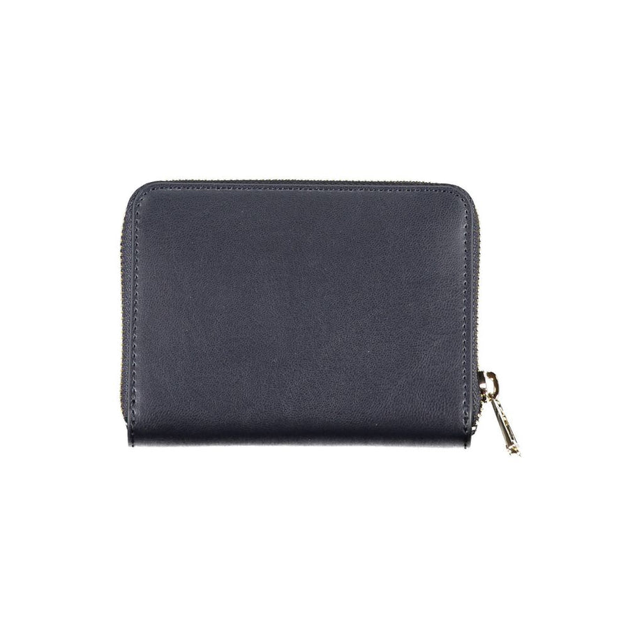 Dark blue polyurethane zip-around women's wallet with a gold metal logo