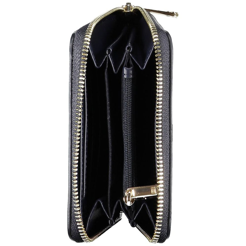Open blue polyurethane women's zip-around wallet with compartments and gold hardware