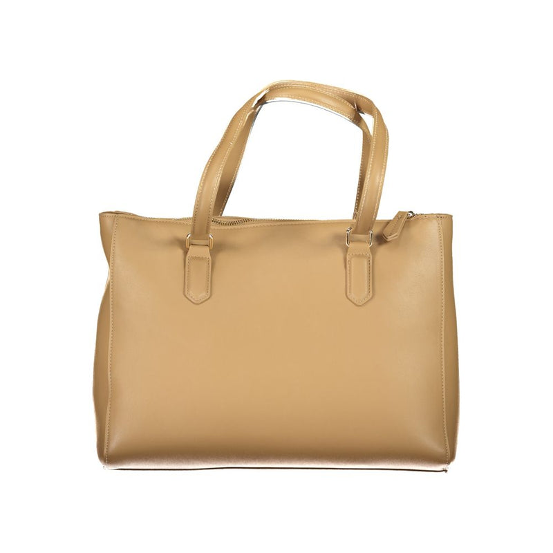 Beige polyurethane women's handbag with structured top handles and a zipper closure