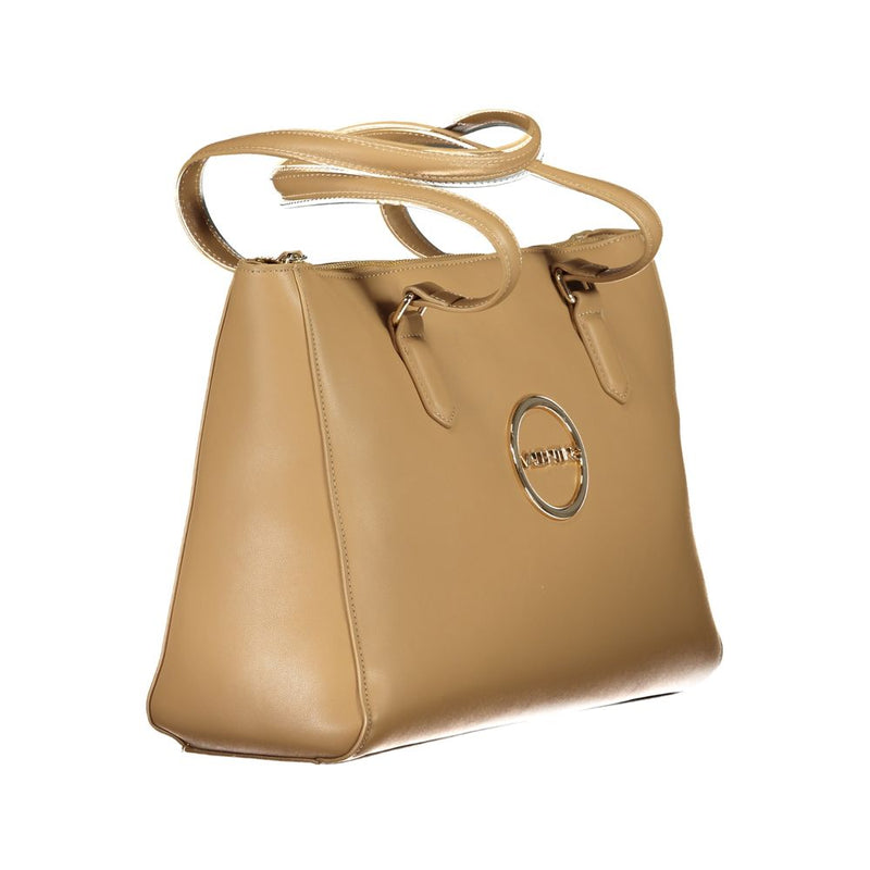 Beige polyurethane women's tote bag with dual shoulder straps and a round gold logo on the front