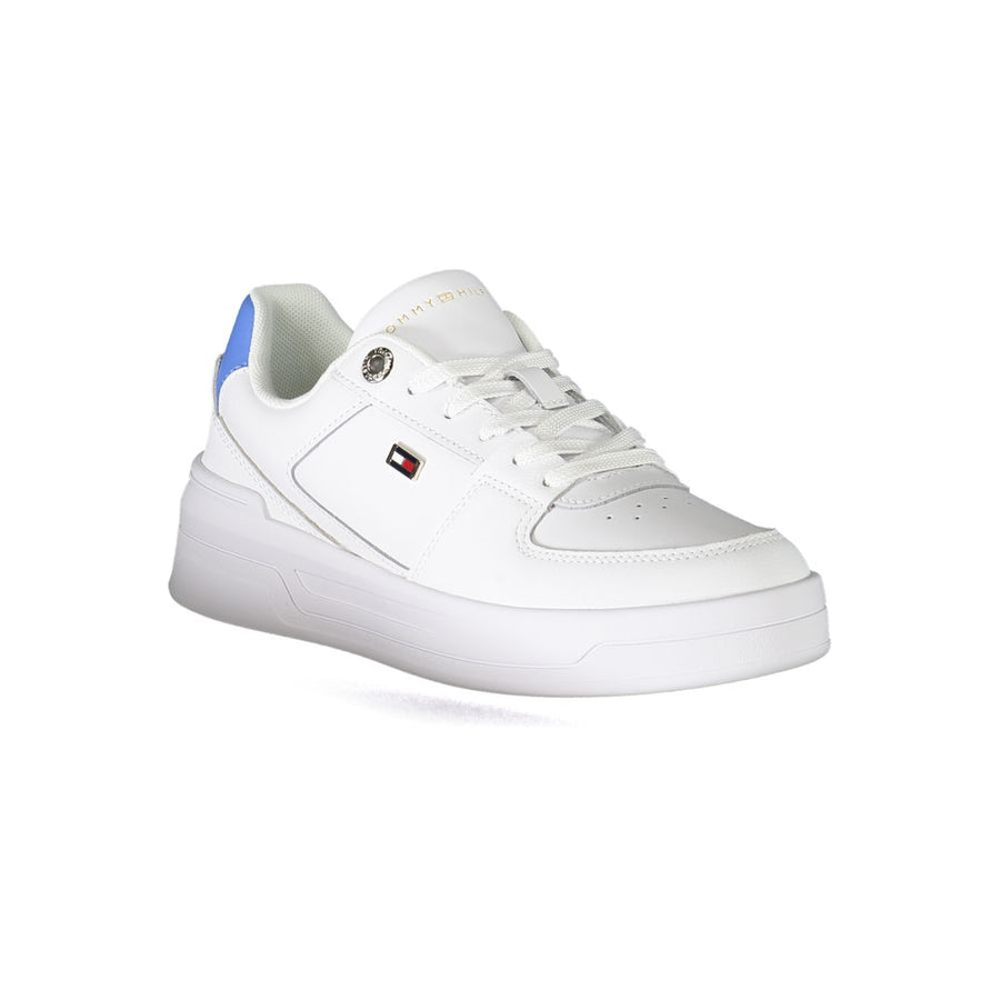 White leather Tommy Hilfiger women's sneaker with blue accents and platform sole.