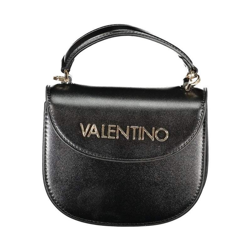 Black polyurethane women's handbag with top handle and gold Valentino logo