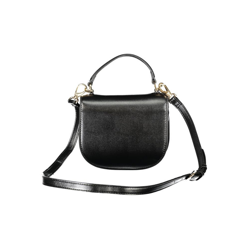 Black polyurethane structured women's bag with top handle and shoulder strap