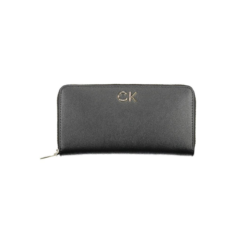 Black polyethylene zip-around women's wallet with metallic CK logo