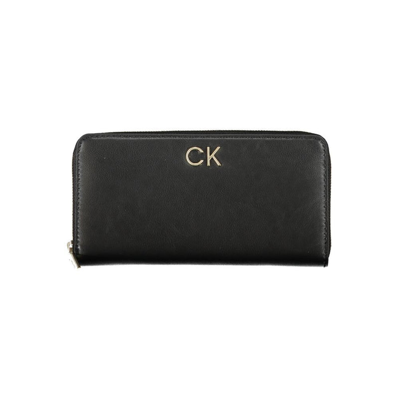 Black leather zip-around wallet with gold CK logo on front