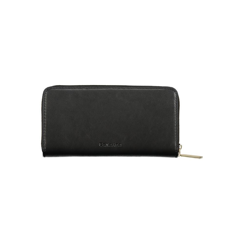 Black faux leather Calvin Klein zip-around wallet with subtle metallic branding