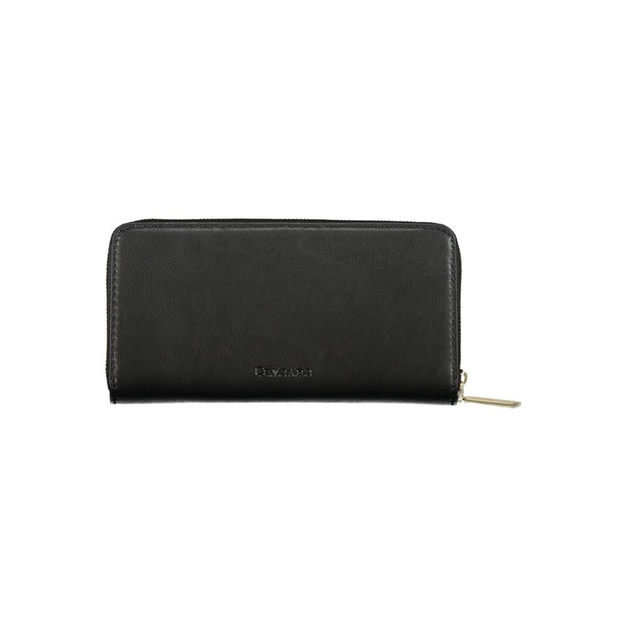 Black leather zip-around wallet with gold CK logo on front