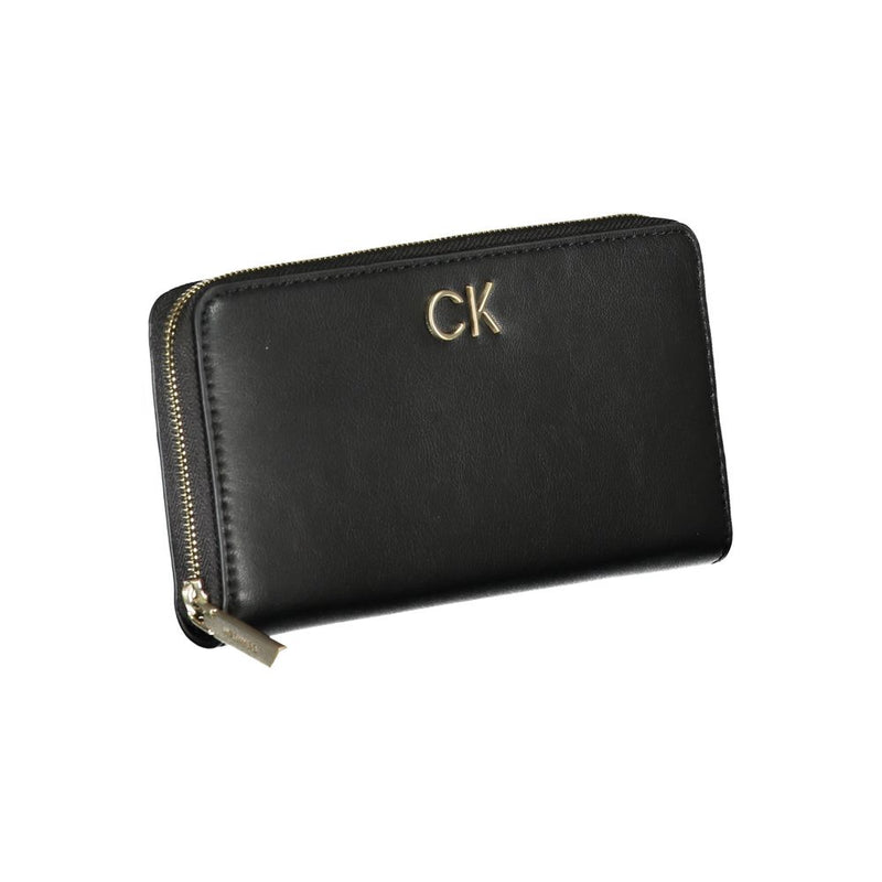 Black faux leather zip-around wallet with gold CK logo and zipper