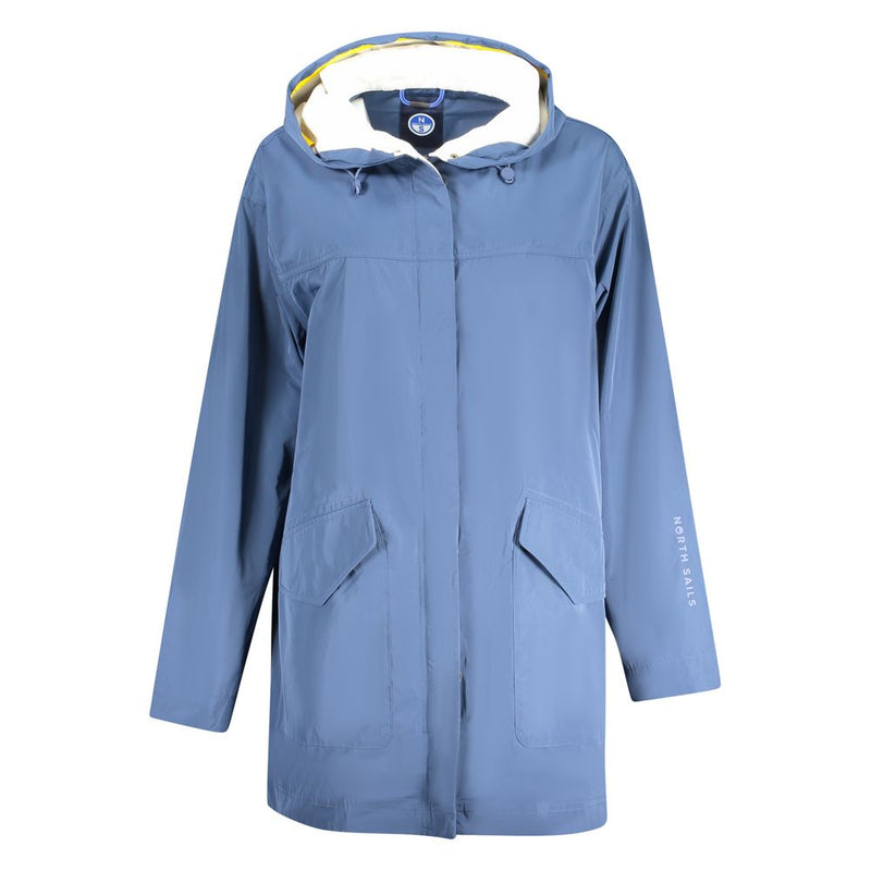 Blue polyester women's parka with a white fleece hood and front pockets