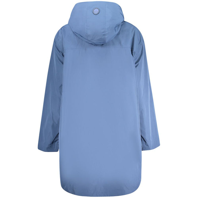 Back view of a blue polyester women's parka with a matching hood