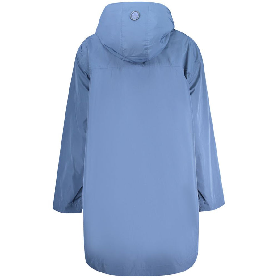 Blue polyester women's parka with a white fleece hood and front pockets