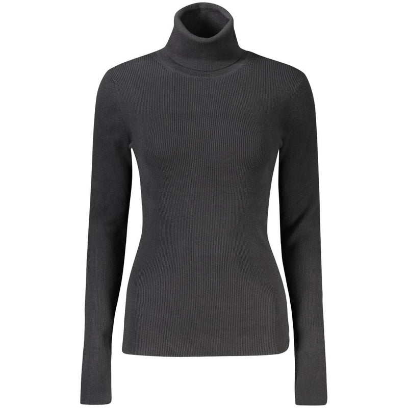Black ribbed cotton turtleneck sweater for women with long sleeves