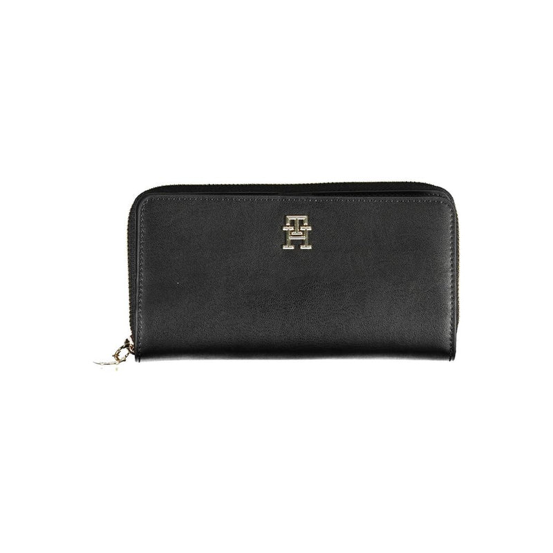 Black faux leather women's zip-around wallet with gold logo hardware