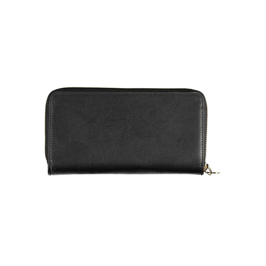 Black faux leather women's zip-around wallet with gold logo hardware