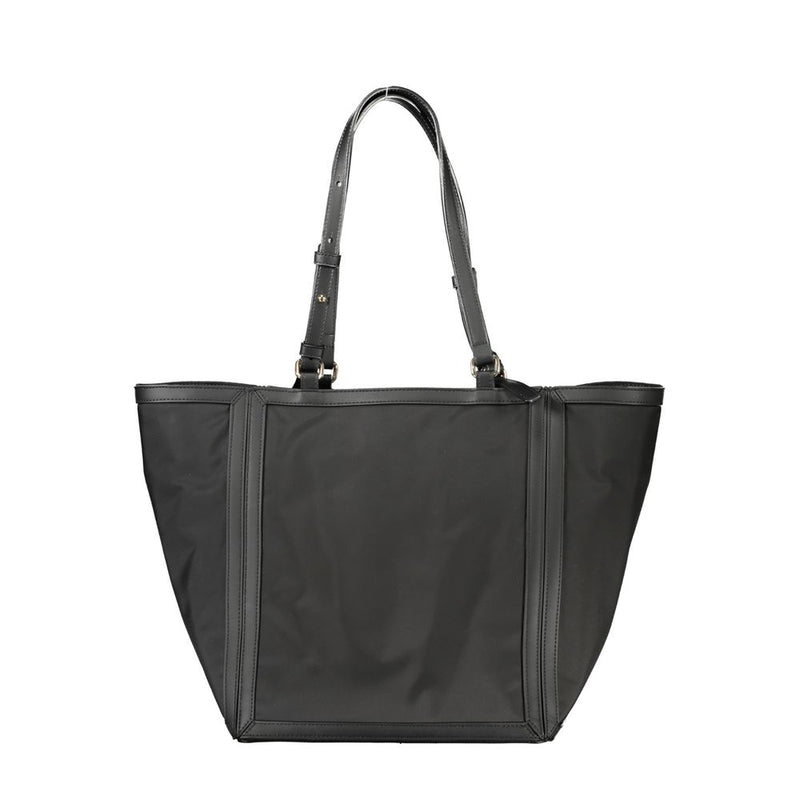 Black polyester tote handbag with structured straps