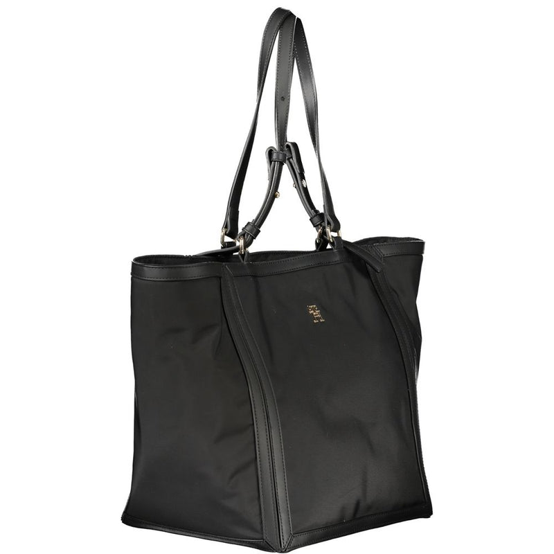 Black polyester Tommy Hilfiger tote handbag with long shoulder straps and gold hardware