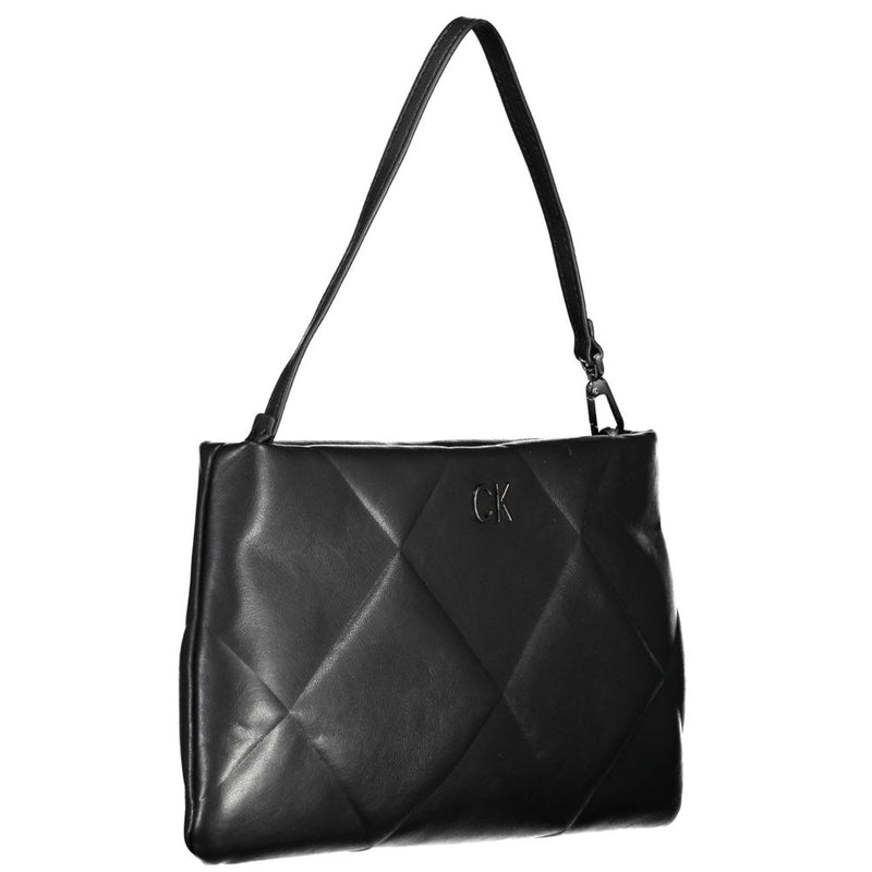Black quilted polyester shoulder bag with a single strap and silver CK logo