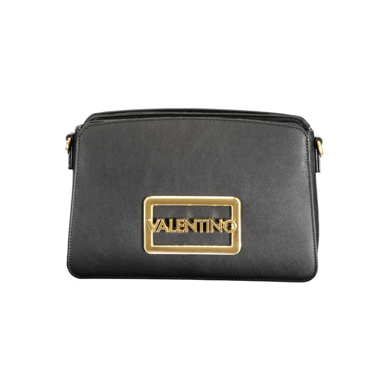 Black polyurethane structured women's shoulder bag with gold Valentino logo plate