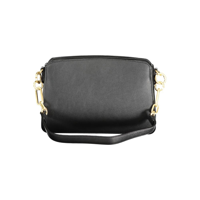 Black polyurethane women's shoulder bag with gold chain accents